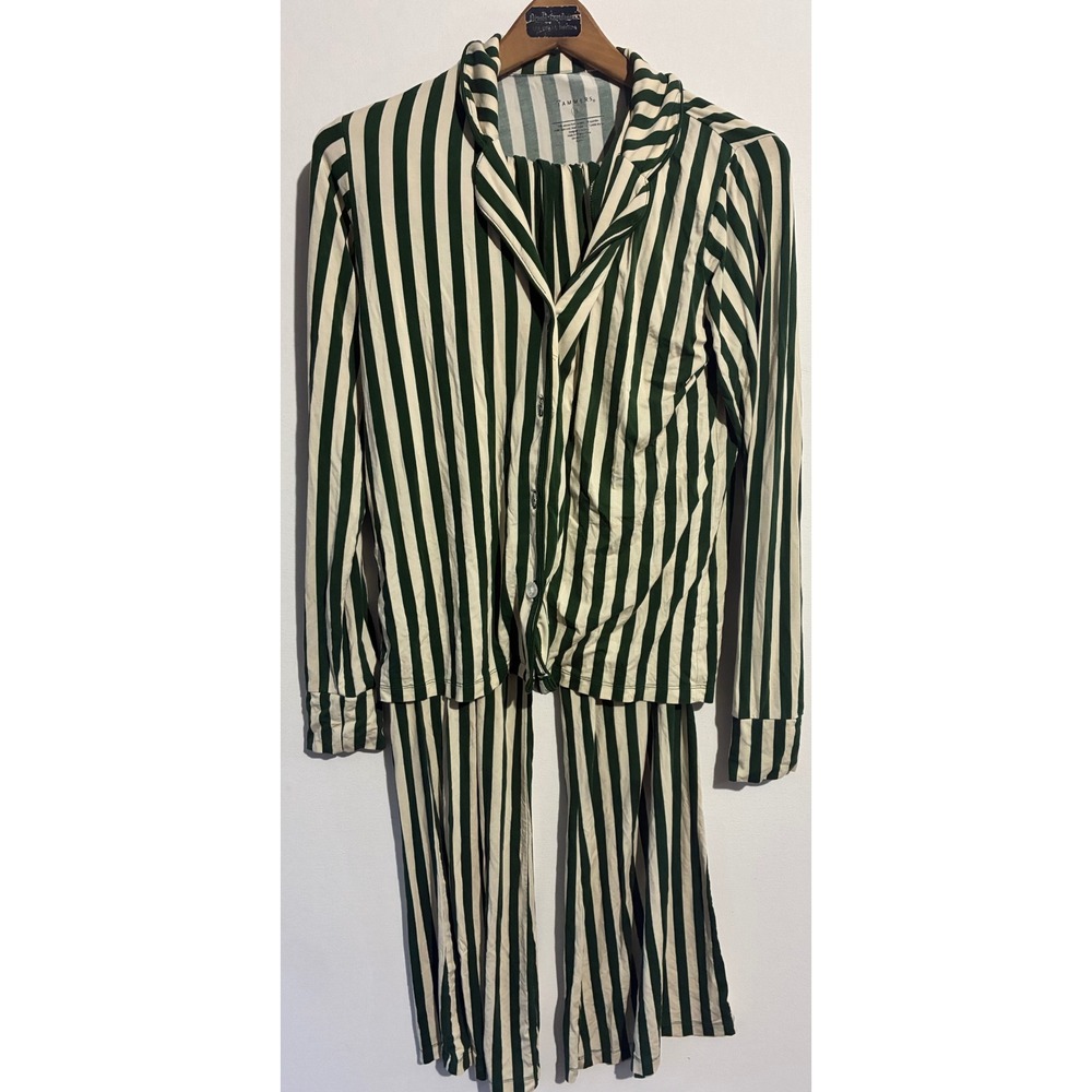Jammers Forest Green Cream Striped Pajama Set Long Sleeve Button Up Pants S
